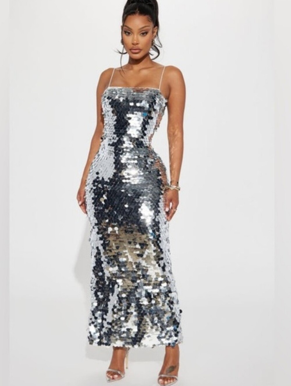 NWT Fashion Nova XS Metallic Silver Peyton Sequin Maxi Dress